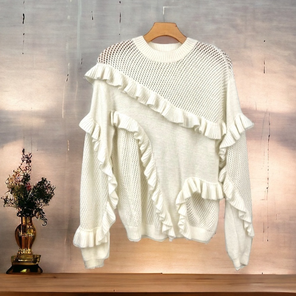 Wonderment Cream Angora Nylon Ruffle Crewneck Sweater Size L